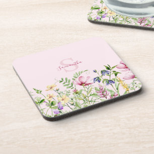 Pink Wildflower Floral Personalised Coaster