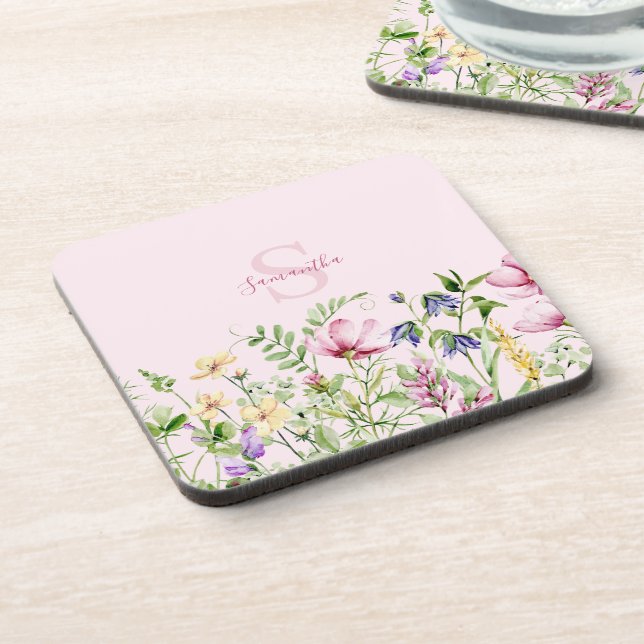 Pink Wildflower Floral Personalised  Coaster (Left Side)