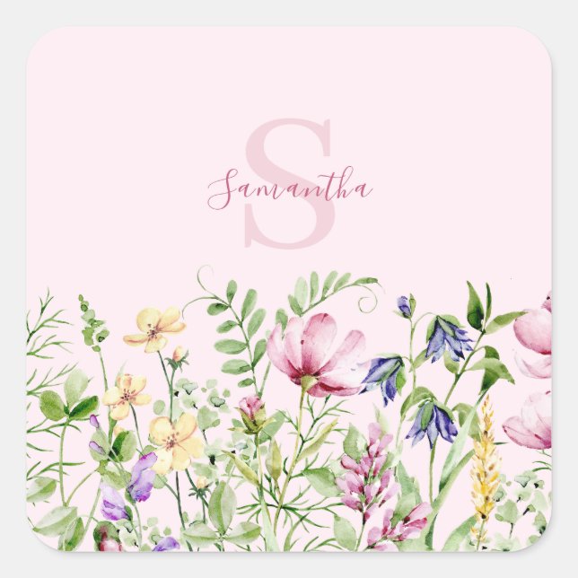 Pink Wildflower Floral Personalised  Square Sticker (Front)