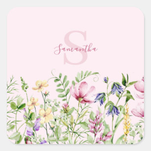 Pink Wildflower Floral Personalised  Square Sticker