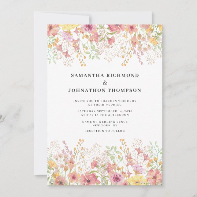 Pink Wildflower Floral Watercolor Wedding Invitation (Front)