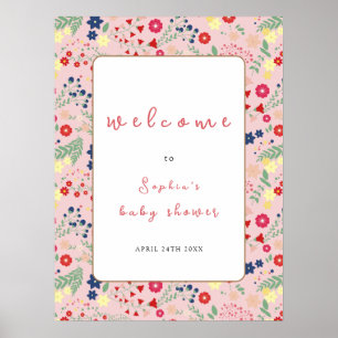 Pink Wildflower Frame Girl Baby Shower Welcome Poster
