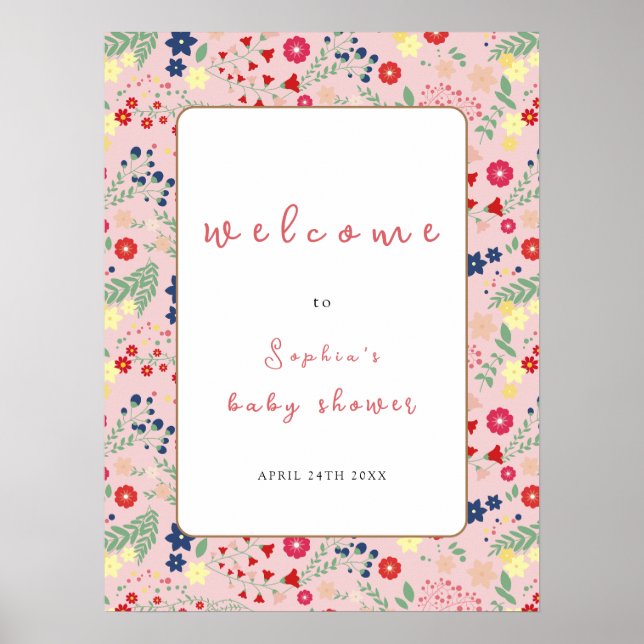 Pink Wildflower Frame Girl Baby Shower Welcome Poster (Front)