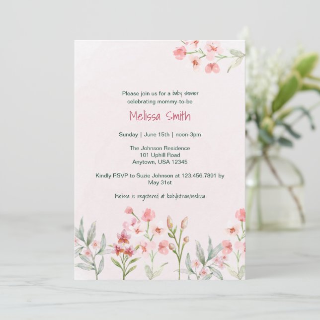 Pink Wildflower Garden Baby Shower Invitation (Standing Front)