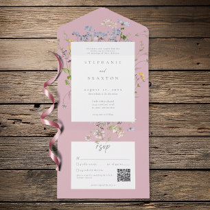 Pink Wildflower Garden Elegant Wedding QR All In One Invitation