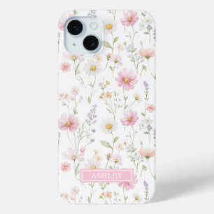 Pink Wildflower Garden Monogrammed iPhone 15 Mini Case