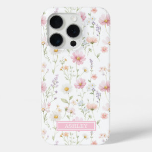 Pink Wildflower Garden Monogrammed iPhone 15 Pro Case