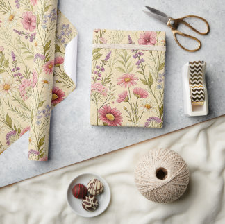 Pink Wildflower Garden Vintage Floral Print  Wrapping Paper