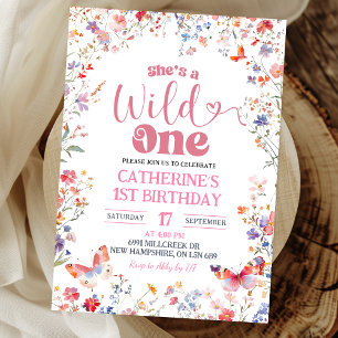 Pink Wildflower Girl First Birthday Invitation