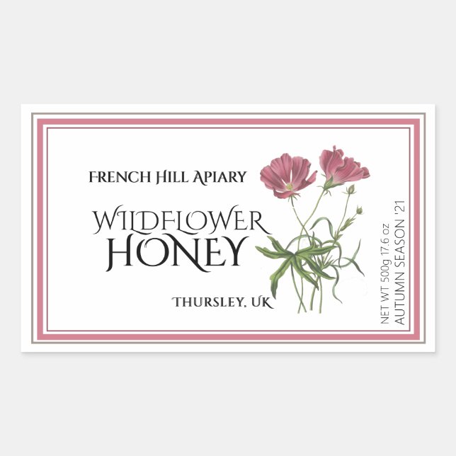 Pink Wildflower Honey Label (Date Harvested) (Front)