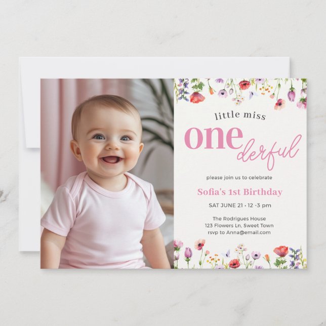 Pink Wildflower Little Miss Onederful 1st Birthday Invitation (Front)