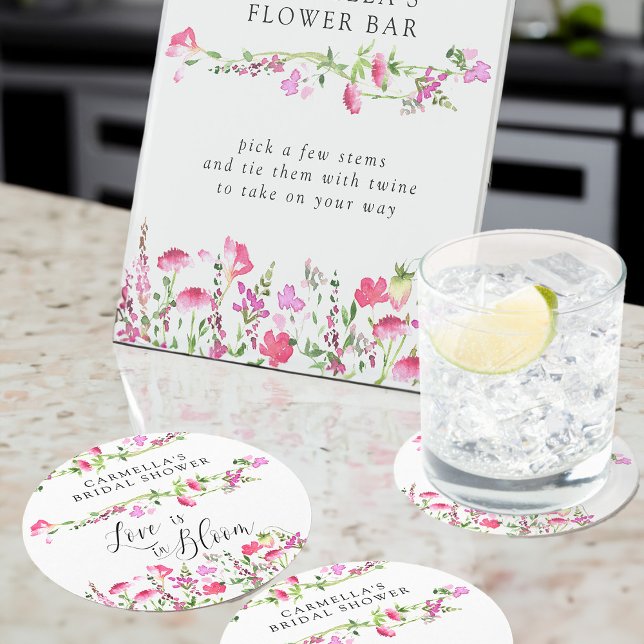Pink Wildflower Love is in Bloom Bridal Shower Round Paper Coaster (Dainty floral personalized coasters from my Pink Wildflower Bridal Shower collection)