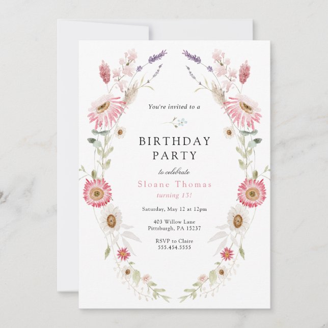 Pink Wildflower Meadow Wreath Birthday Invitation (Front)