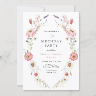 Pink Wildflower Meadow Wreath Birthday Invitation