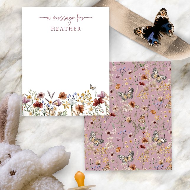 Pink Wildflower Message Card (Dusty Pink Boho Wildflower Message Card with Butterfly by Painted Paperie
)