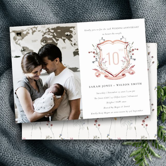 Pink Wildflower Monogram Crest Photo Anniversary Invitation (Creator Uploaded)
