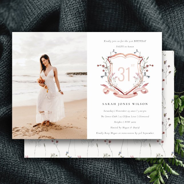 Pink Wildflower Monogram Crest Photo Birthday Invitation (Creator Uploaded)