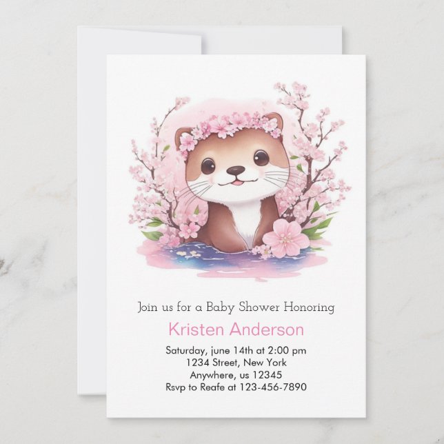 Pink Wildflower Otter Adventure Girl Baby Shower Invitation (Front)