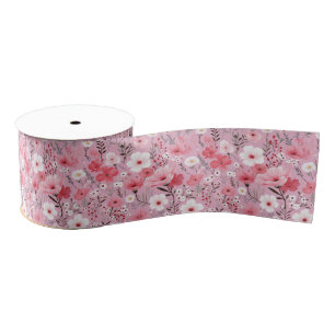 Pink Wildflower Pattern Grosgrain Ribbon