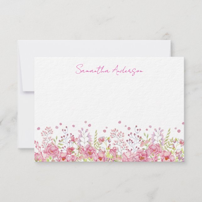 Pink Wildflower Personalised Flat Note Card (Front)