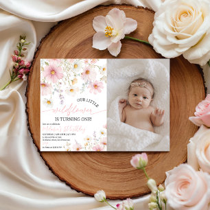Pink Wildflower Photo 1st Birthday Invite