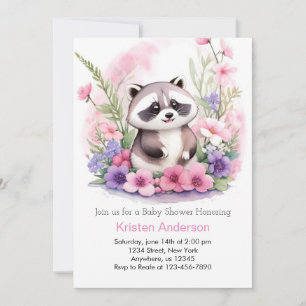 Pink Wildflower Racoon Girl Baby Shower Invitation
