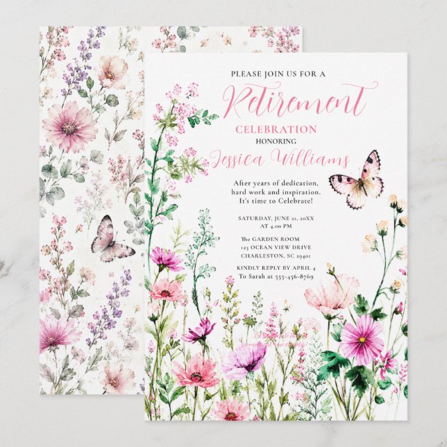 Pink Wildflower Retirement Celebration Invitation (Front/Back)