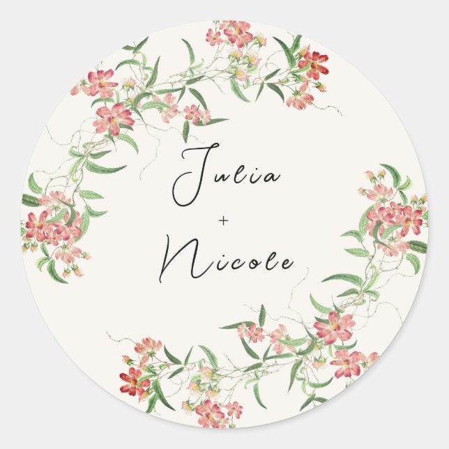Pink Wildflower Rose Spring Garland Wedding Classic Round Sticker (Front)