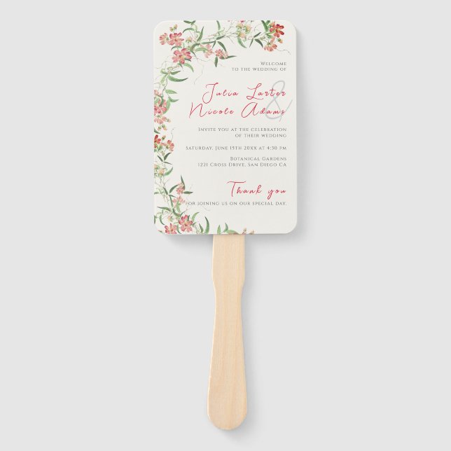 Pink Wildflower Rose Spring Garland Wedding Hand Fan (Front)