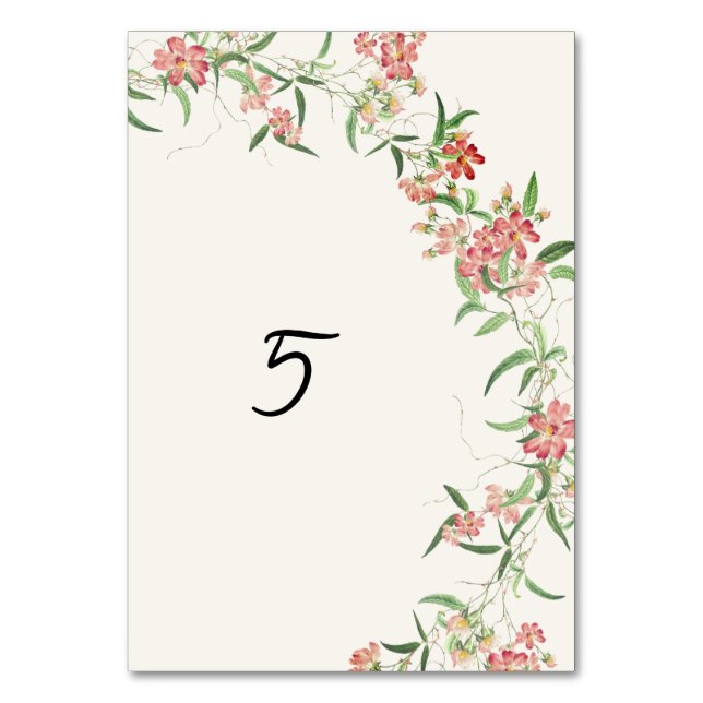 Pink Wildflower Rose Spring Garland Wedding Table Number (Front)