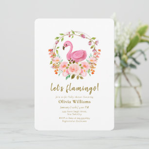Pink Wildflower Rose Wreath Flamingo Baby Shower Invitation