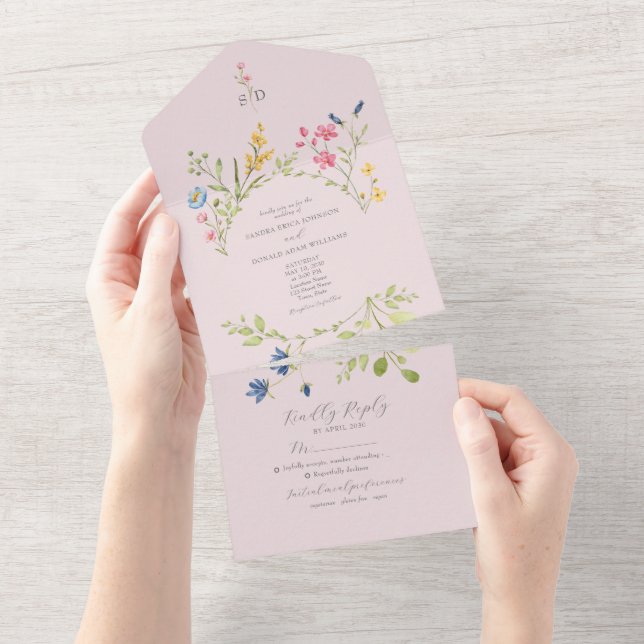 Pink Wildflower Rustic Boho Wedding All In One Invitation (Tearaway)