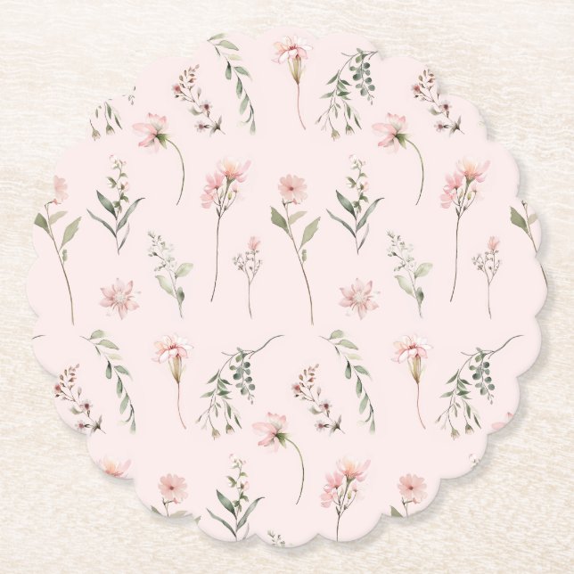 pink wildflower sage green greenery baby shower paper coaster (Front)
