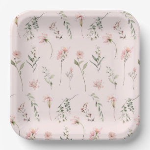 Pink wildflower sage green greenery party paper plate