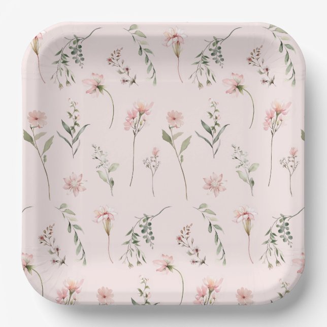 Pink wildflower sage green greenery party paper plate (Front)