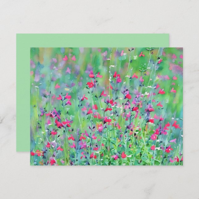 Pink Wildflower Salvia Flower Art Note Card Set (Front/Back)