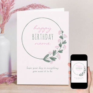 Pink Wildflower Simple Personalised Happy Birthday Card