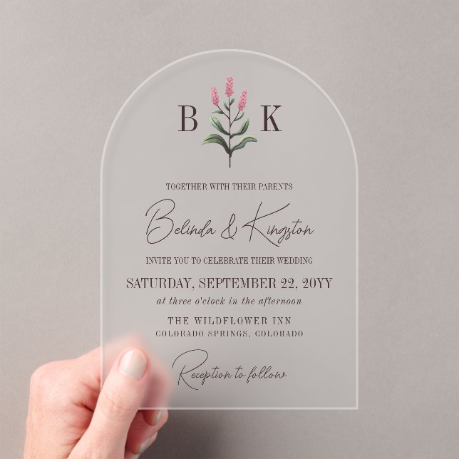 Pink Wildflower Sprig Monogram Wedding Acrylic Invitations (Insitu (Handheld))