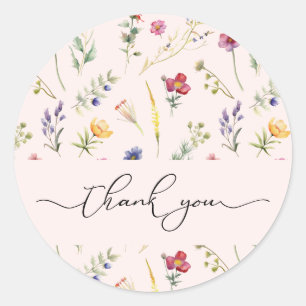 Pink Wildflower Spring Floral Thank You Classic Round Sticker