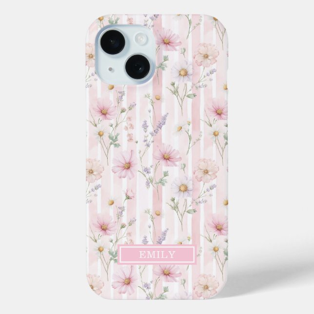 Pink Wildflower Striped Monogrammed Case-Mate iPhone Case (Back)