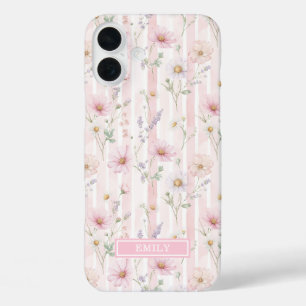 Pink Wildflower Striped Monogrammed iPhone 16 Plus Case