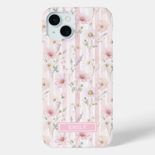 Pink Wildflower Striped Monogrammed iPhone 15 Mini Case