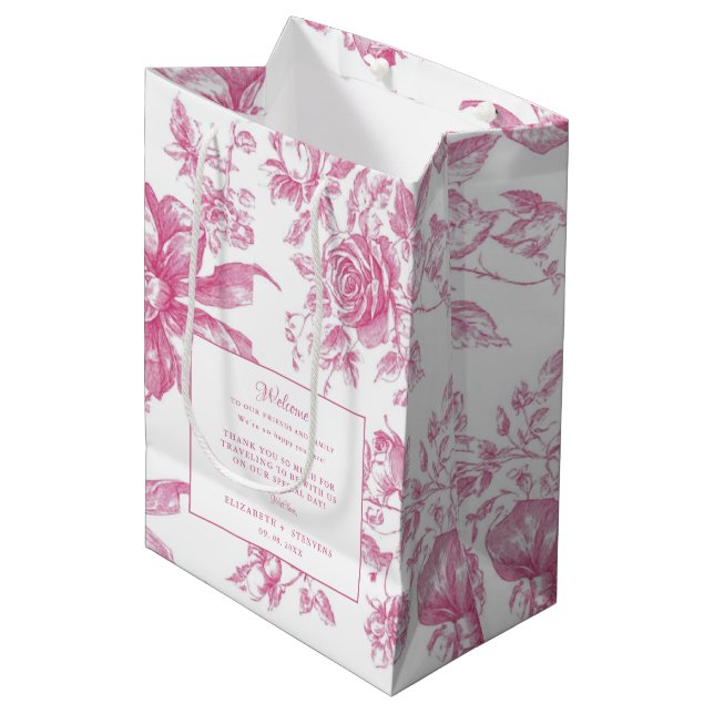 Pink Wildflower Tea Wedding Guest Welcome Bag (Front Angled)