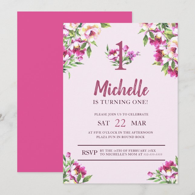 Pink Wildflower Turning One Invitation (Front/Back)
