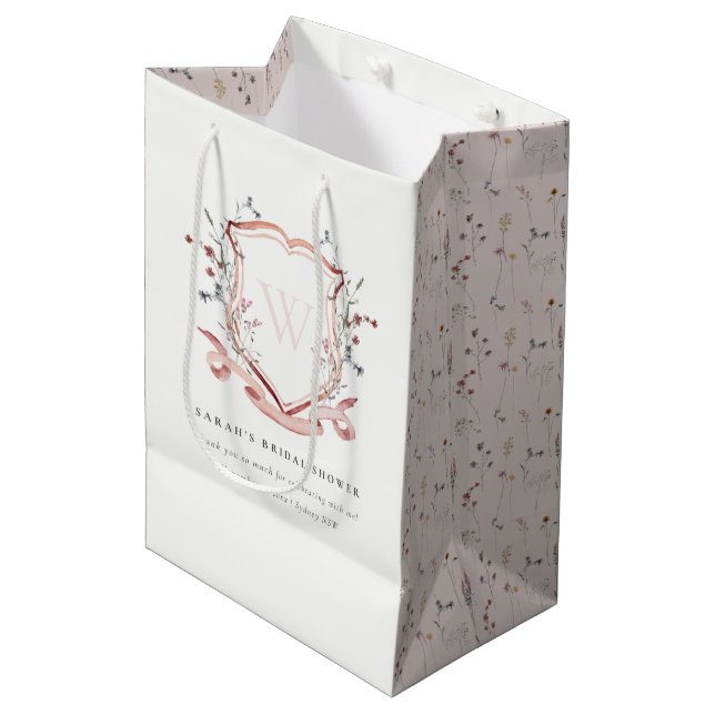 Pink Wildflower Watercolor Crest Bridal Shower Medium Gift Bag (Front Angled)