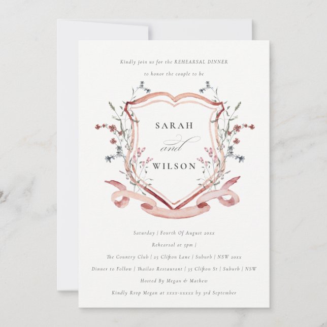 Pink Wildflower Watercolor Crest Rehearsal Dinner Invitation (Front)