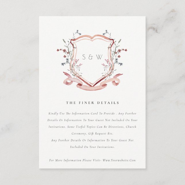 Pink Wildflower Watercolor Crest Wedding Details Enclosure Card (Front)