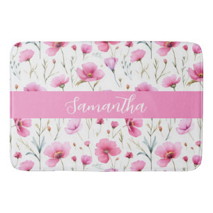 Pink Wildflower Watercolor Custom Name Bath Mat