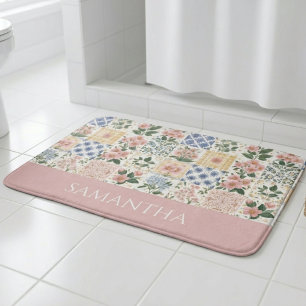 Pink Wildflower Watercolor Floral Name Bath Mat