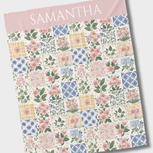 Pink Wildflower Watercolor Floral Name Fleece Blanket